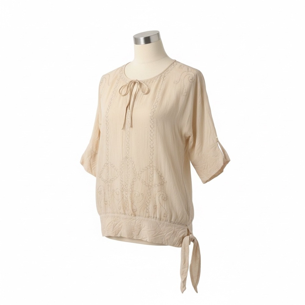 BCBGMAXAZRIA 100% Silk Boho Luxury Beaded Embellish Tie Waist Top Creamy Beige M